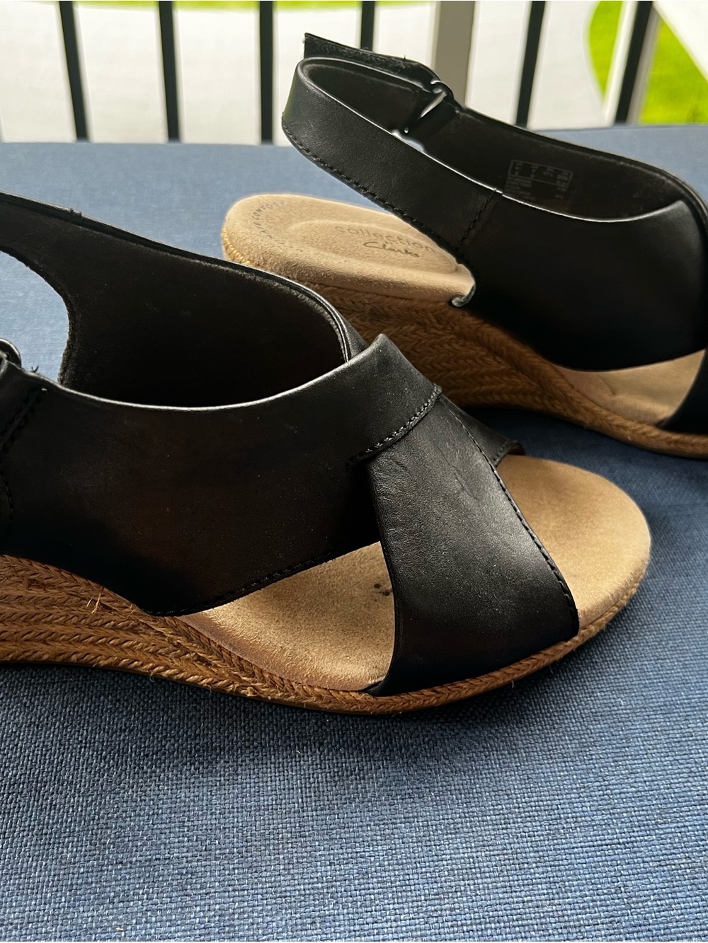Clarks Black Leather Wedge Sandals with Slingback